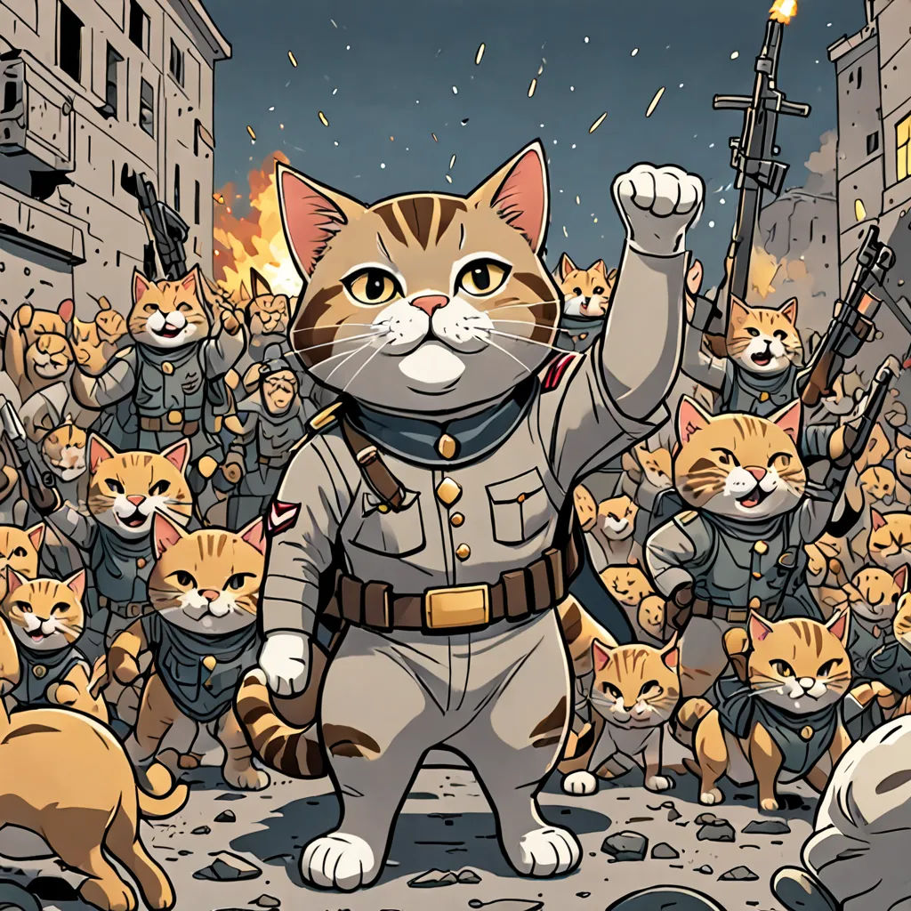 a cat in a military uniform is surrounded by cats and guns in a cartoon style, with a gun in the air, furry art, a comic book panel, Chris LaBrooy, furaffinity