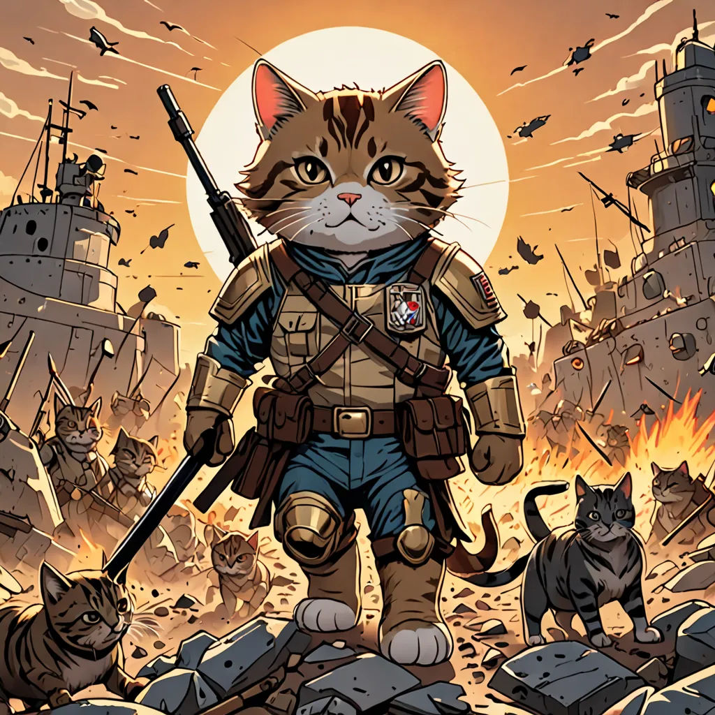 a cat in a military outfit standing in front of a bunch of cats and a gun in his hand, furry art, a comic book panel, Dan Mumford, comic cover art