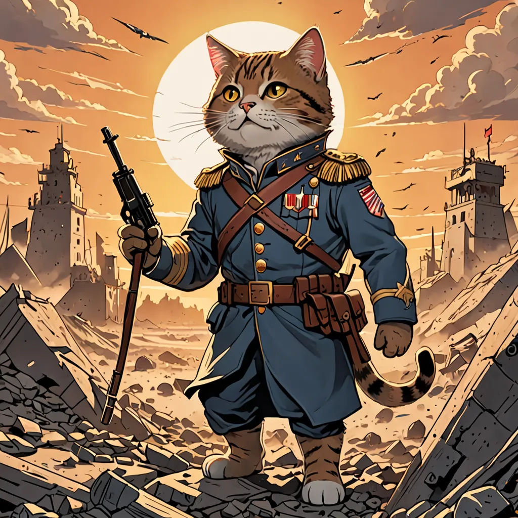 a cat in a military uniform holding a rifle and a gun in his hand while standing on a pile of rubble, furry art, a character portrait, Chris LaBrooy, comic cover art