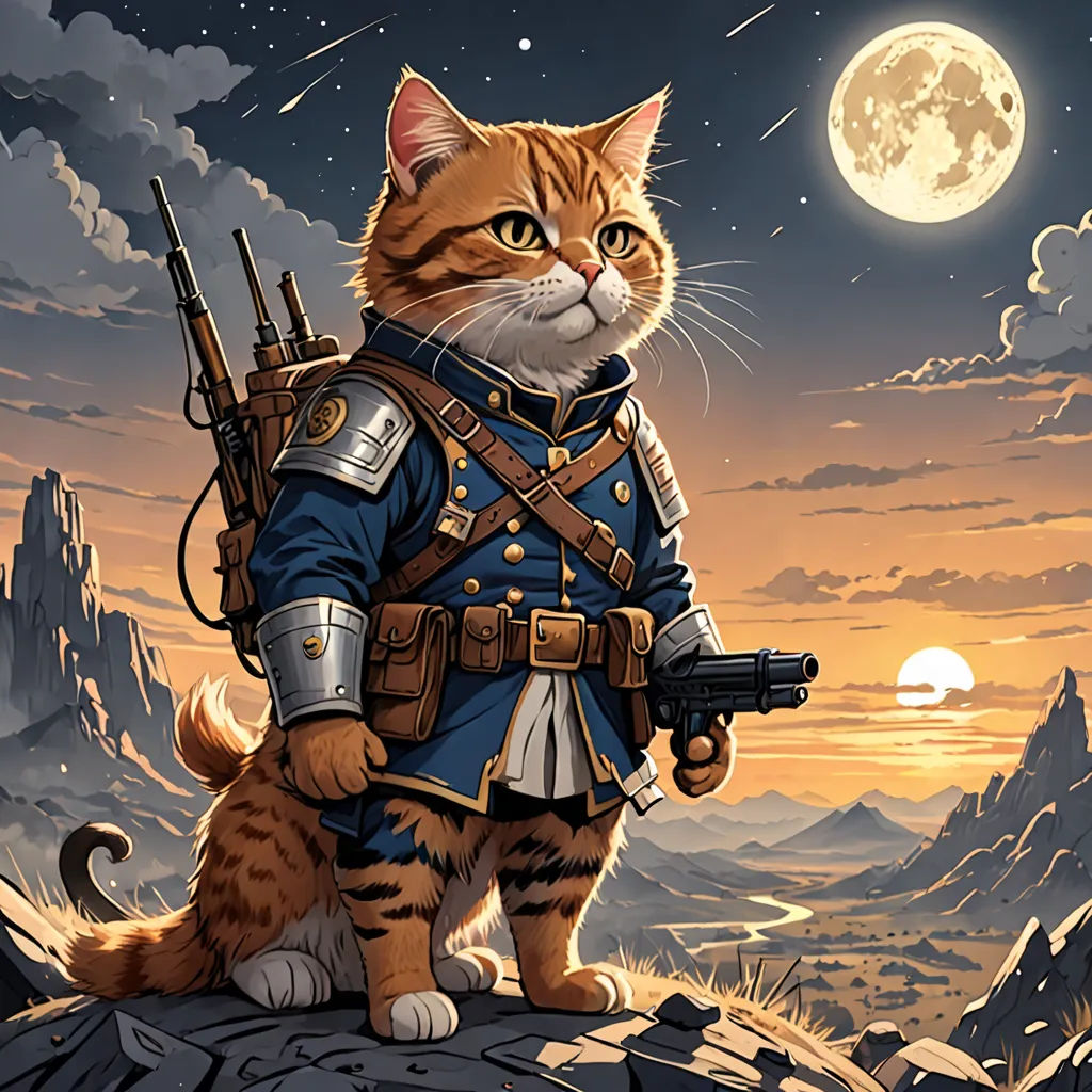 a cat in a military outfit holding a gun and a rifle in its paws, standing on a rocky cliff, fantasy art, a character portrait, Chris LaBrooy, magic the gathering artwork