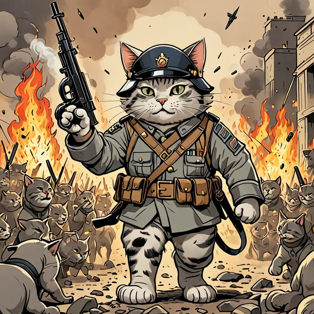 a cat in a military uniform holding a gun in front of a fire filled city with buildings and cats, furry art, a comic book panel, Farel Dalrymple, war