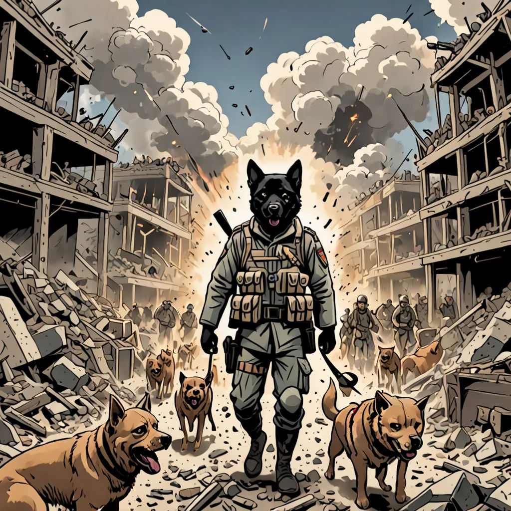 a man walking through a destroyed city with dogs on the ground and a dog on the ground in front of him, furry art, a comic book panel, Asaf Hanuka, comic cover art