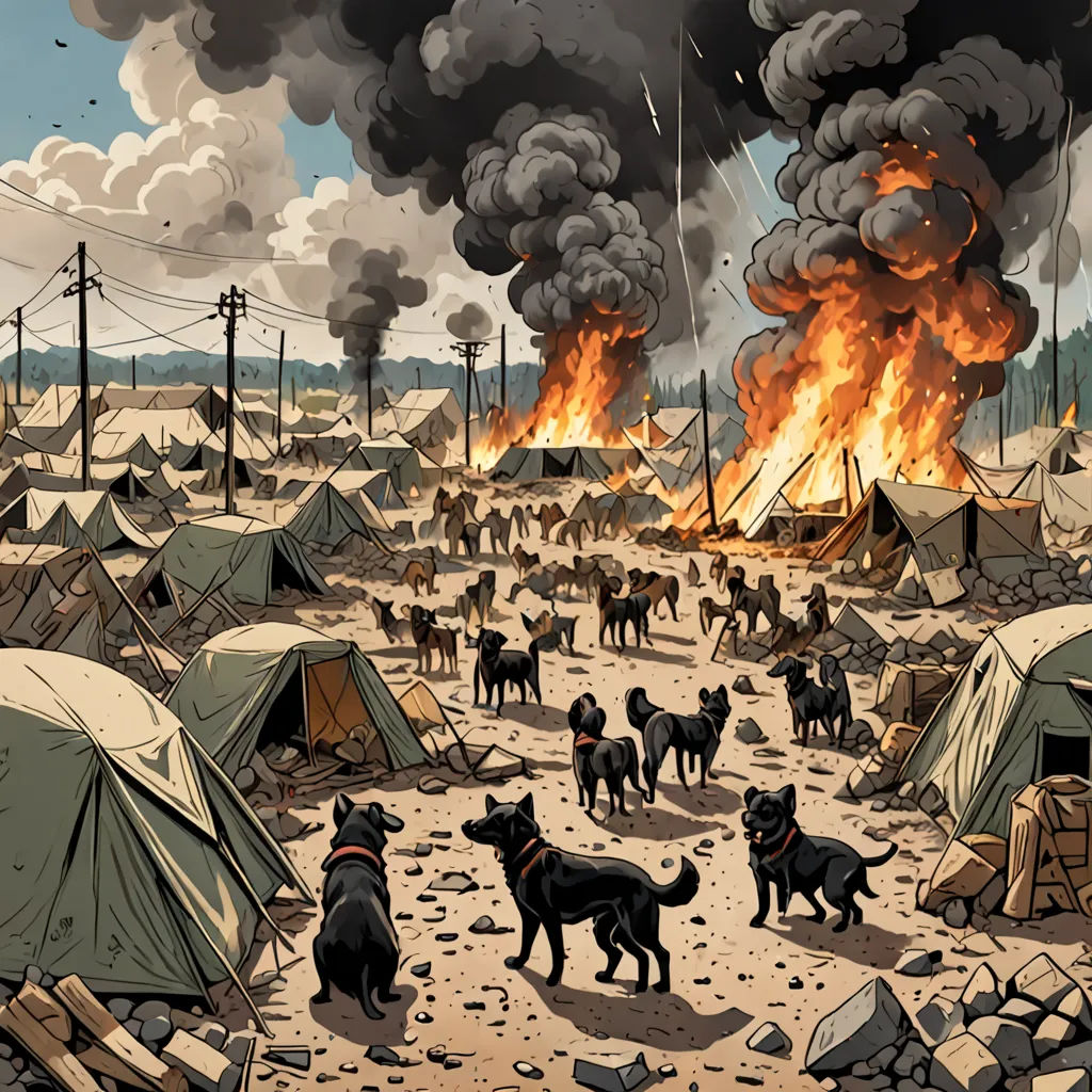 a painting of a dog herding a group of dogs in front of a fire and a tent with a lot of smoke, environmental art, a comic book panel, Asaf Hanuka, laurie greasley