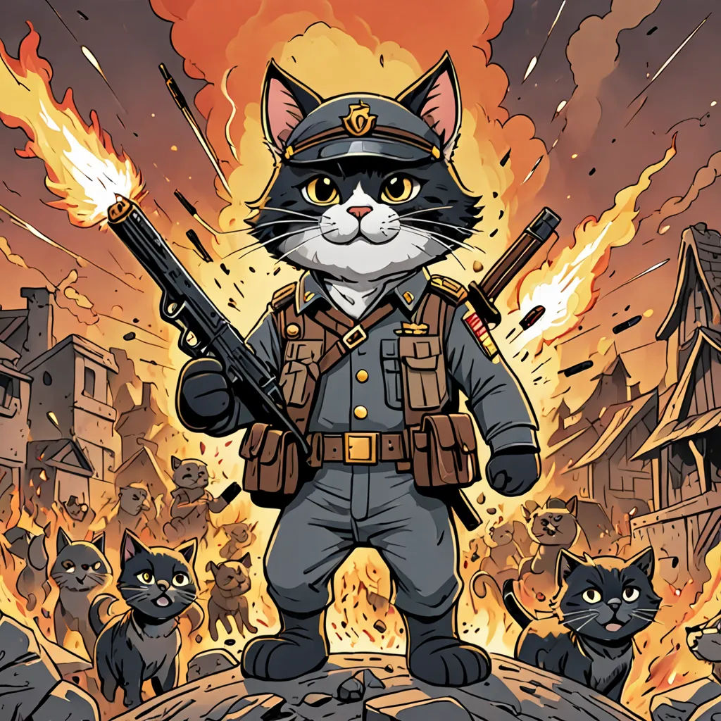 a cat with a gun standing in front of a bunch of cats in a fire pit with flames behind it, sots art, a character portrait, Dan Mumford, comic cover art