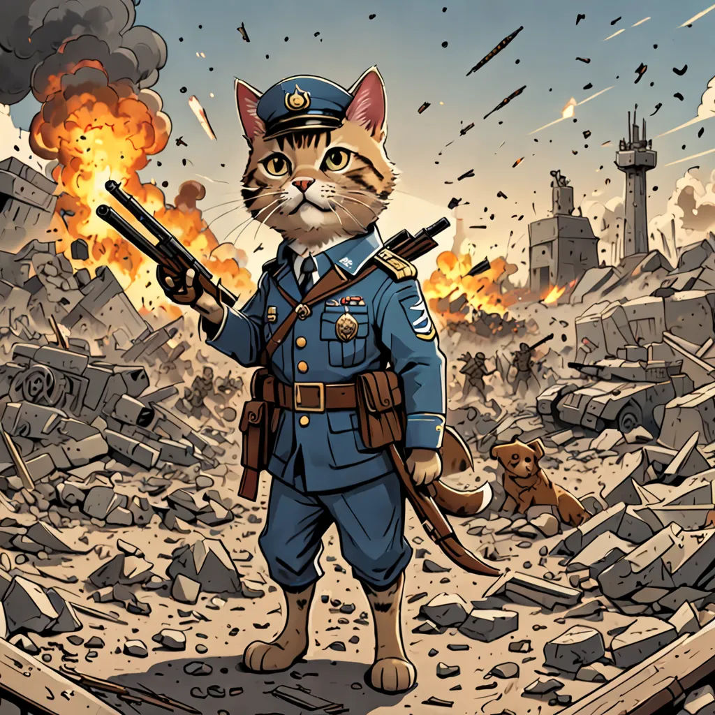 a cat in a military uniform holding a gun in front of a destroyed city with a dog on the ground, furry art, a comic book panel, Chris LaBrooy, comic cover art