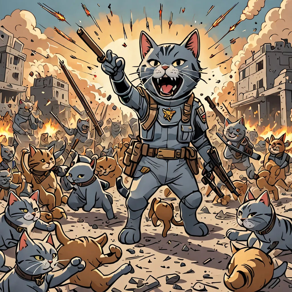 a cartoon of a cat with a gun in his hand and a bunch of cats in the background with a lot of fire, furry art, a character portrait, Asaf Hanuka, josan gonzales and dan mumford