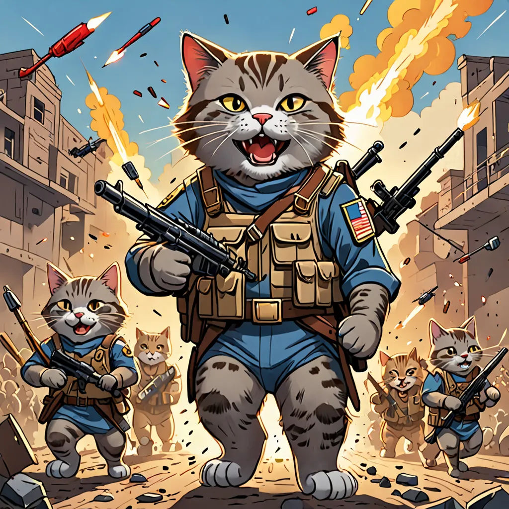 a cat with a gun and a cat with a gun in his hand and a cat in a military uniform, furry art, concept art, Chris LaBrooy, comic cover art