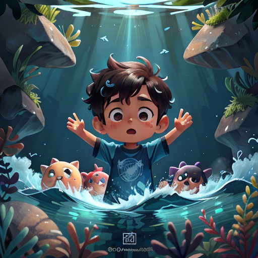 a boy standing in the water surrounded by fish and plants, with his arms outstretched up to the water