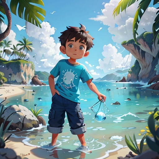 a boy standing on a beach holding a ball and a net in his hand and a dog in his hand