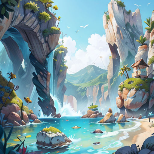 a painting of a mountain landscape with a river and a waterfall in the middle of it, with a few birds flying around