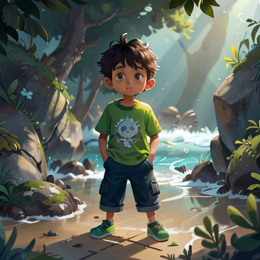 a boy standing in the middle of a forest with a river in the background and a forest with rocks and trees