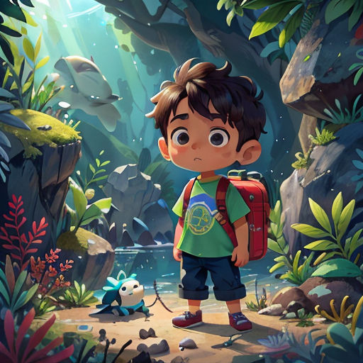 a boy with a backpack standing in a forest with a fish in the background and a fish in the water