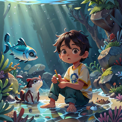 a boy sitting on the ground in front of a fish and a fish tank with a fish in it