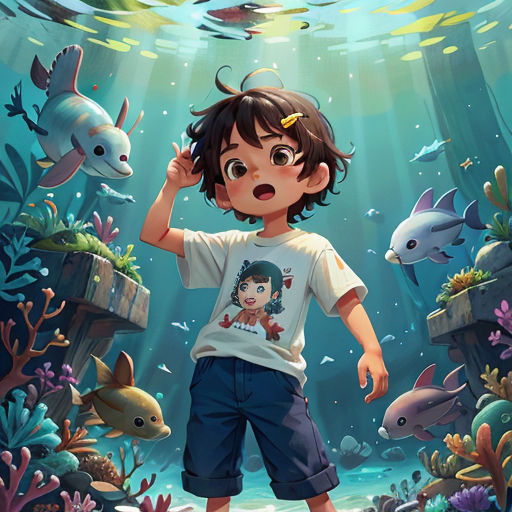 a boy standing in front of a fish tank with a fish in it's mouth and a fish in his hand