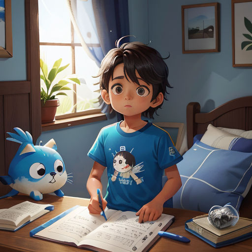 a young boy is sitting at a desk with a book and a cat toy in front of him and a stuffed animal