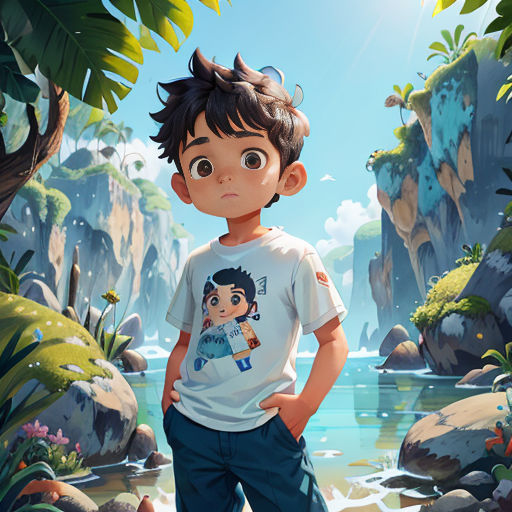 a boy standing in front of a mountain with a cartoon avatar on his shirt and a river in the background