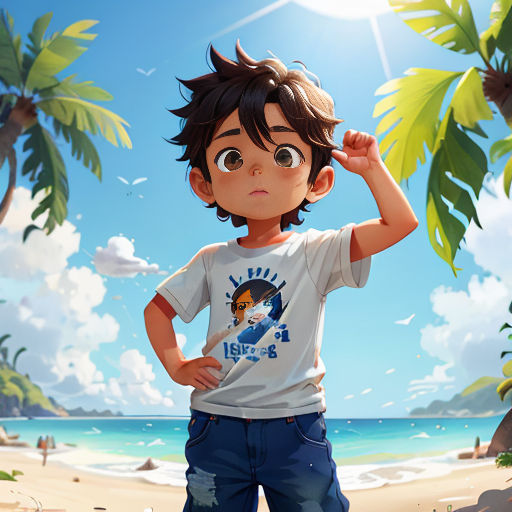 a boy standing on a beach with a palm tree in the background and a blue sky in the background