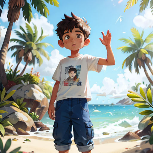 a boy standing on a beach with palm trees and a picture of a boy on his shirt and shorts