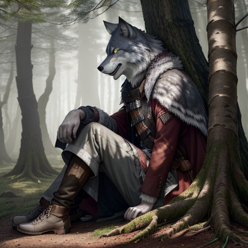 a man sitting on the ground next to a tree in a forest with a wolf on his back and a wolf on his shoulder