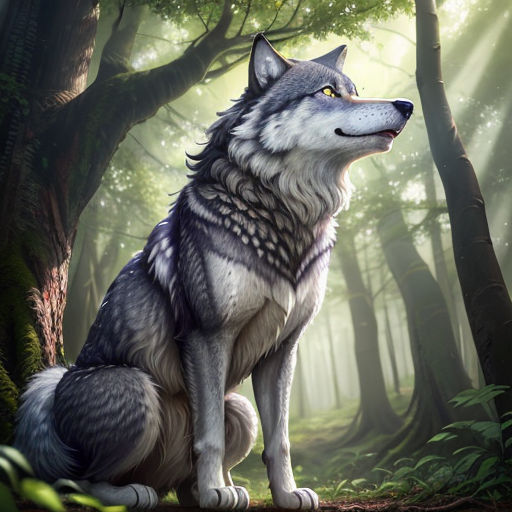 a wolf sitting in the middle of a forest with sunlight streaming through the trees and leaves on the ground