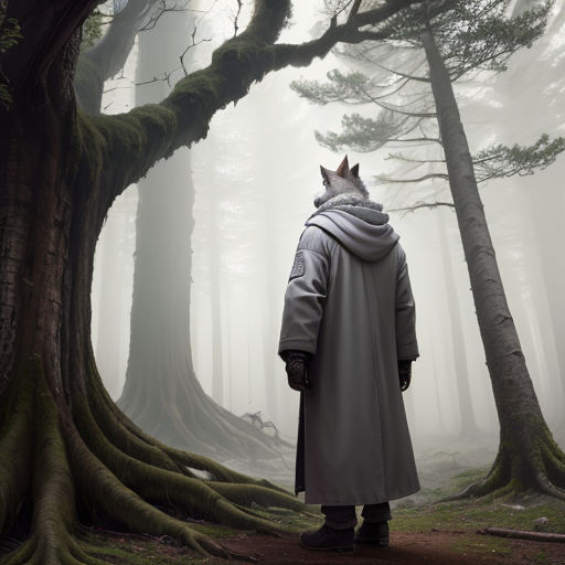 a man in a hooded coat standing in a forest with a crown on his head and a hood on