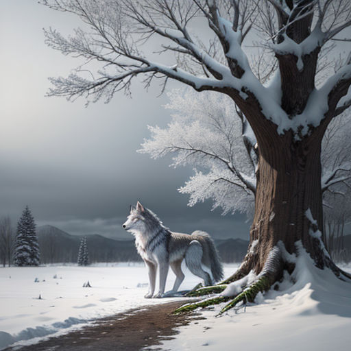 a wolf standing in the snow next to a tree with snow on it's branches and a path leading to a large tree