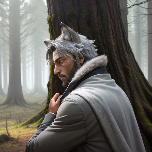 a man in a wolf costume standing in a forest with a wolf mask on his head and a wolf tail on his head