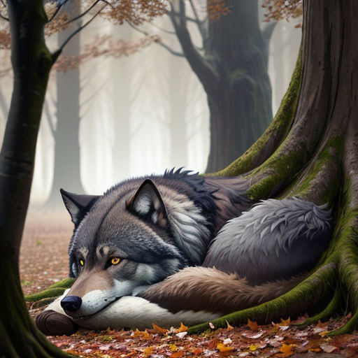 a wolf laying in the woods next to a tree with its head on a pillow of leaves and a tree trunk