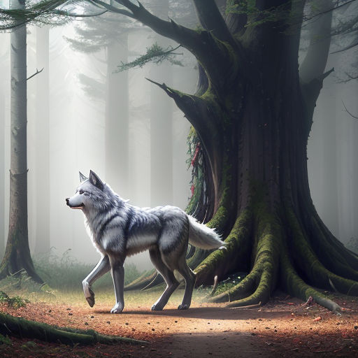 a wolf walking through a forest with a tree in the background and fog in the air above it,