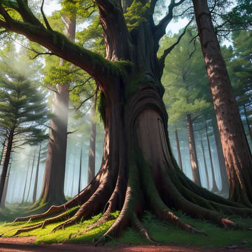 a large tree with a very large trunk in a forest with sunbeams shining through the trees and a trail