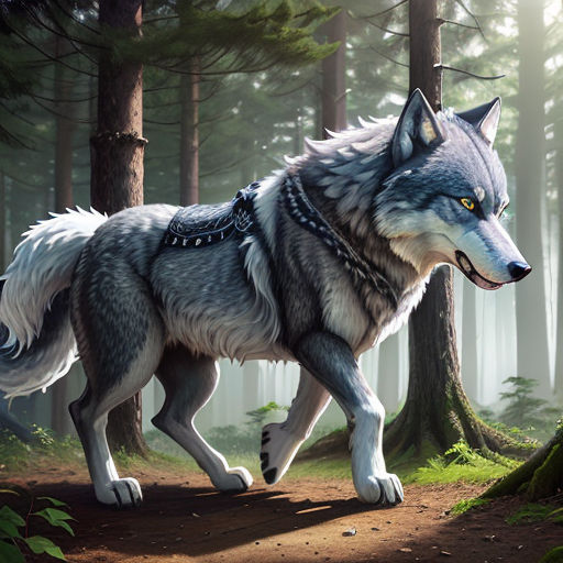 a wolf in a forest with a chain on his neck and a chain around his neck, walking towards the camera