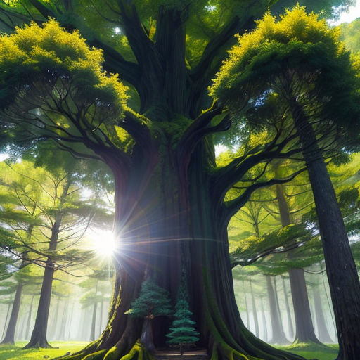 a large tree with a lot of green leaves on it's trunk and roots in the middle of a forest