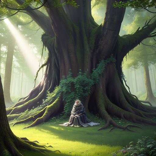 a person sitting on a bench in front of a large tree in a forest with sunlight streaming through the trees