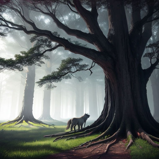 a wolf standing in the middle of a forest with a tree trunk in the foreground and fog in the background