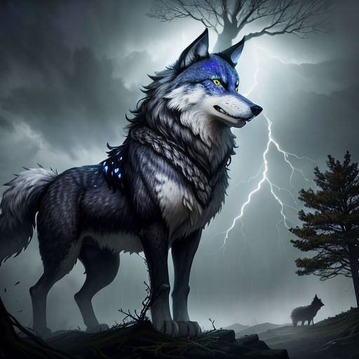 a wolf standing in a field with a lightning in the background and a wolf standing in the foreground