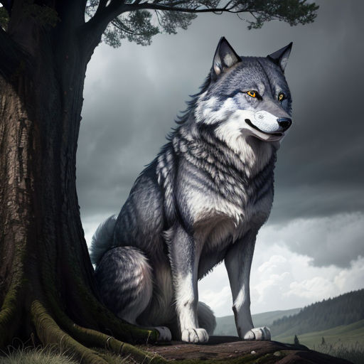 a wolf sitting on a tree stump in a forest with a cloudy sky behind it and a tree trunk in the foreground