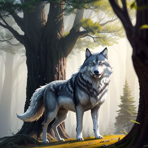 a wolf standing in the middle of a forest with trees and grass in the background, with a sun shining through the trees