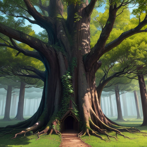 a large tree with a tunnel in the middle of it's trunk and a pathway leading to it