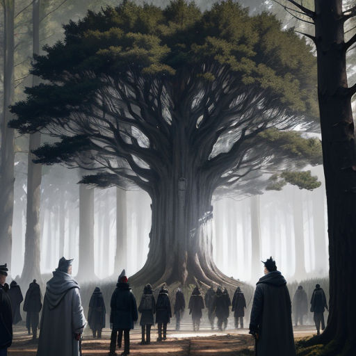 a group of people standing around a large tree in the forest with fog in the air and a man in a cloak