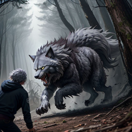 a man and a wolf in a forest with trees and fogs behind them, with a man looking at the wolf