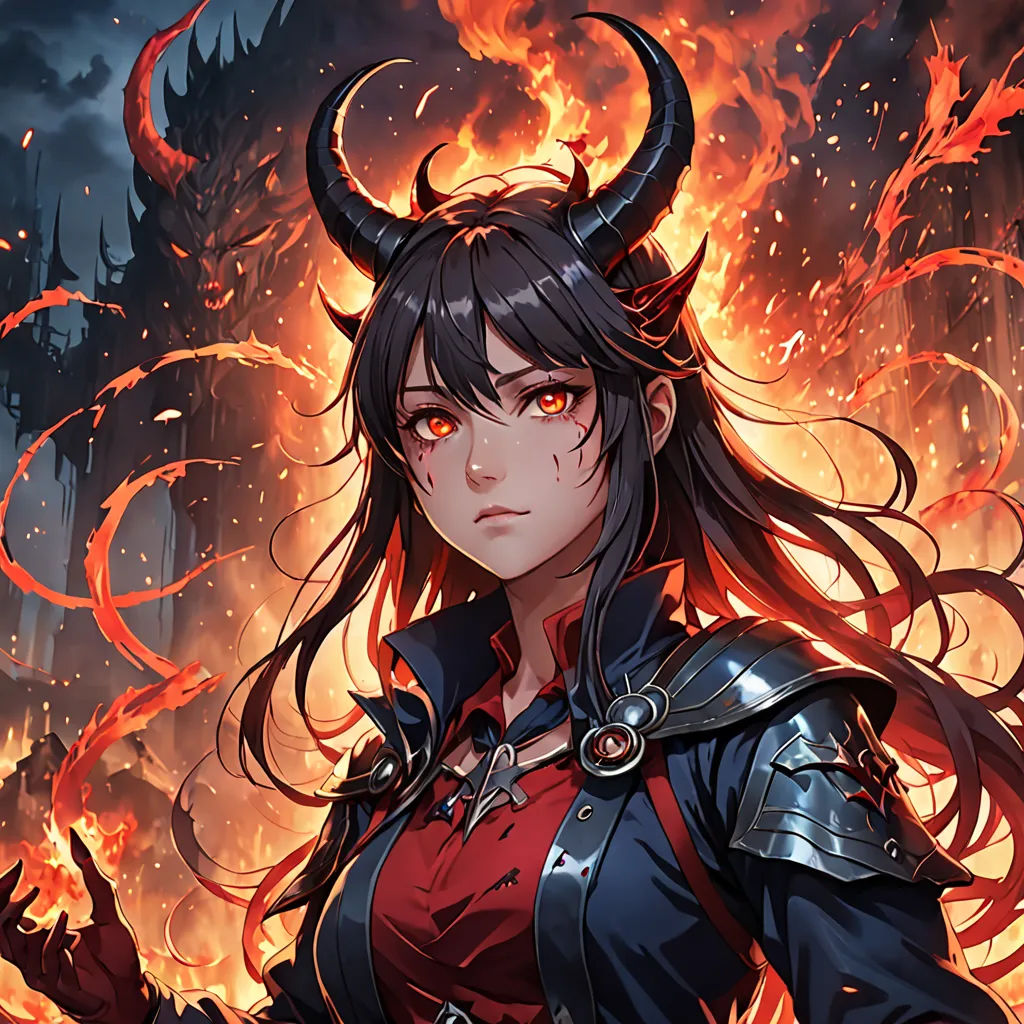 a woman with horns and a red shirt is standing in front of a fire and flames background with a demon, fantasy art, a detailed painting, Artgerm, dragon art
