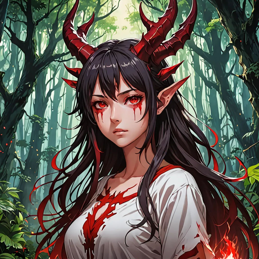 a woman with horns and blood on her face in a forest with red leaves and a red light in her hand, fantasy art, a character portrait, Anne Stokes, fantasy character portrait