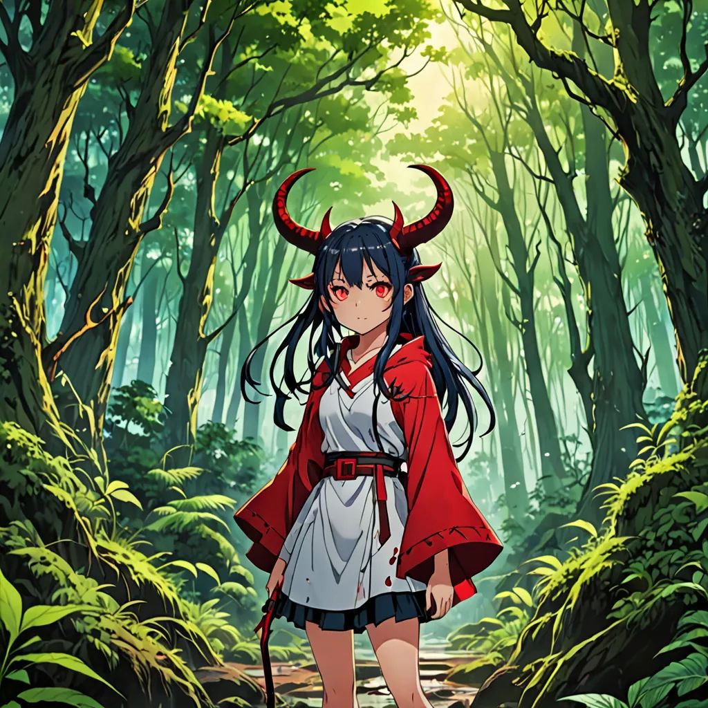 a woman in a red cape and white dress standing in a forest with a horned head and a sword, dau-al-set, poster art, Ayako Rokkaku, official art