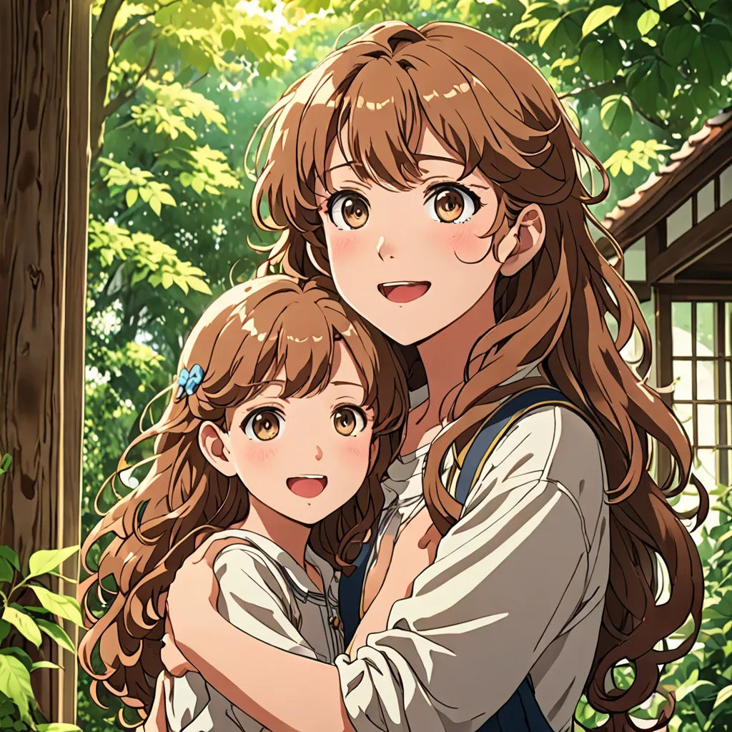 a couple of people that are hugging each other in front of trees and bushes with a house in the background, context art, a picture, Anne Said, official art