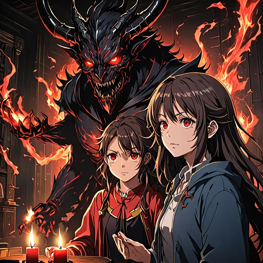 a couple of people standing next to a demon in a room with candles on the table and a demon on the wall, rayonism, poster art, Ayami Kojima, official art