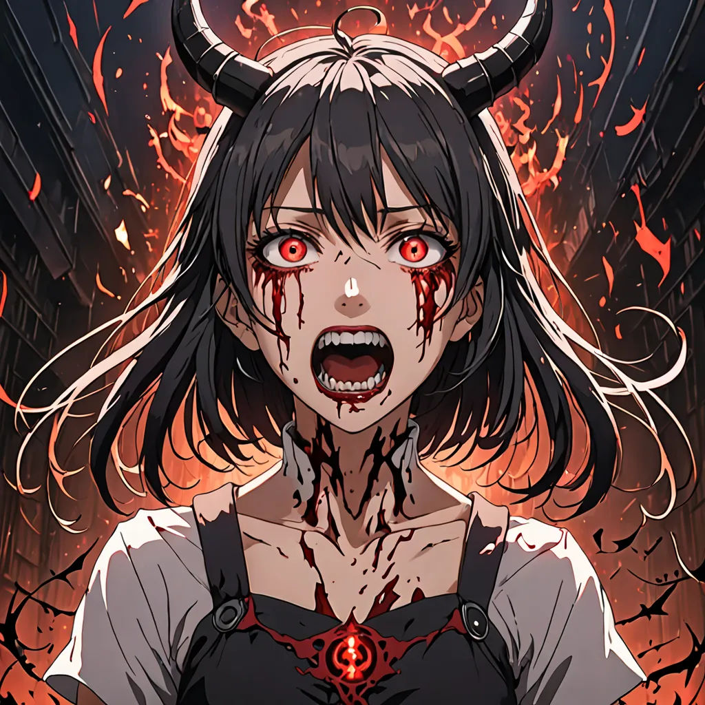 a woman with horns and blood on her face and a demon's head on her chest, with a demonic expression, gothic art, poster art, Aya Goda, anime key visual