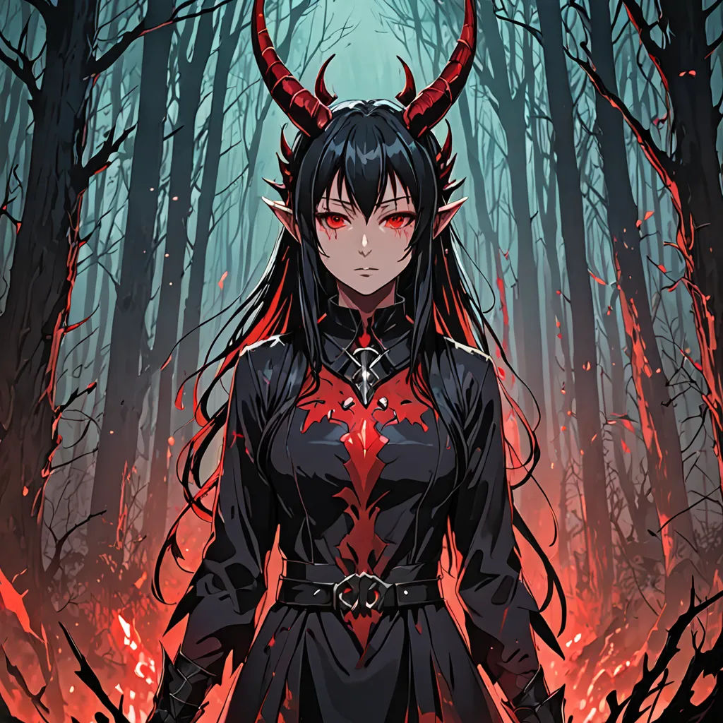 a woman in a black outfit with horns and horns on her head standing in a forest with red flames, gothic art, a character portrait, Ayako Rokkaku, official art
