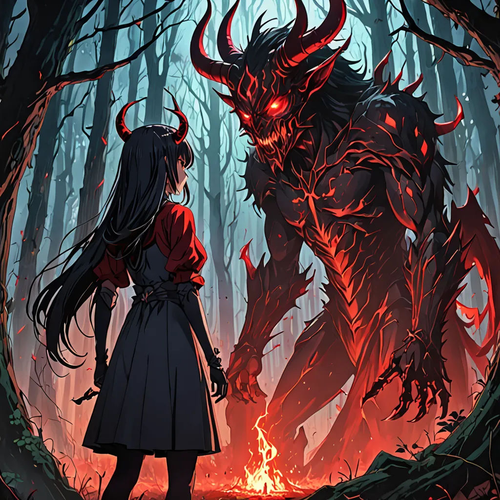 a woman standing in front of a demon in a forest with a fire in her mouth and a demon in the background, furry art, a comic book panel, Anato Finnstark, mars ravelo and greg rutkowski