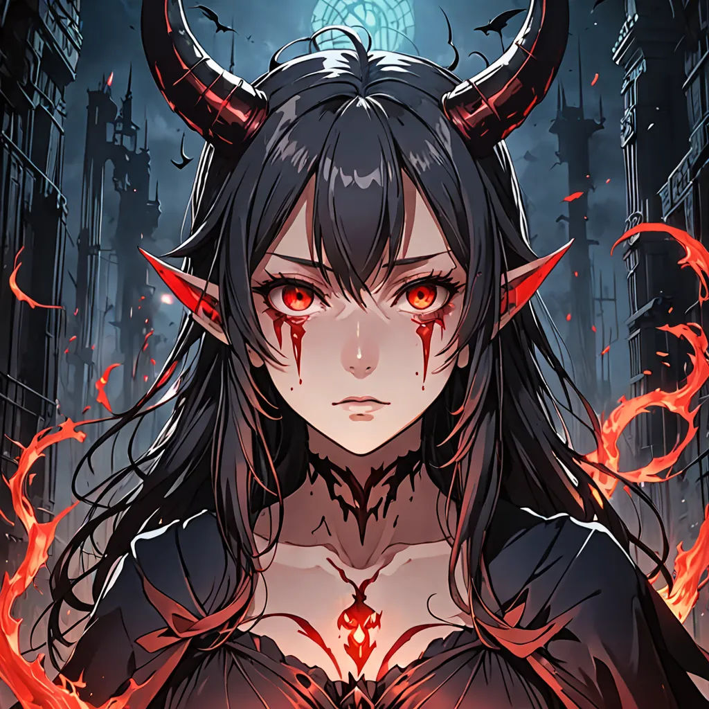 a woman with horns and blood on her face in a city street at night with red eyes and a demon like head, gothic art, a character portrait, Artgerm, comic cover art