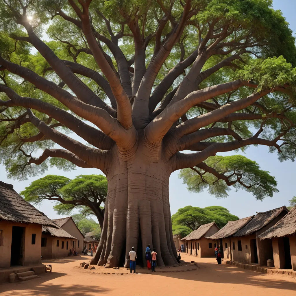 a large tree with a group of people standing around it in a village area with huts and trees in the background, ecological art, a photo, Eric Deschamps, roots